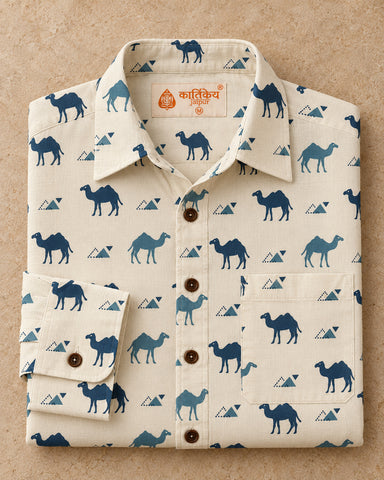 Camel Hand Block Printed Men' Shirt Full Sleeves