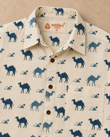 Camel Hand Block Printed Men' Shirt Full Sleeves