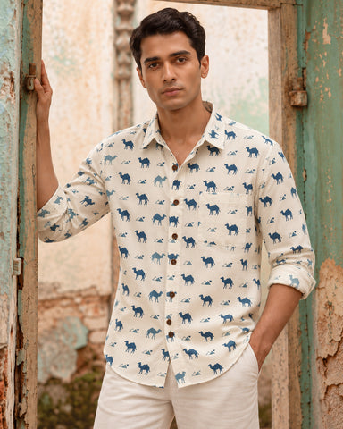 Camel Hand Block Printed Men' Shirt Full Sleeves