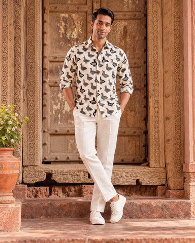 Quirky Black Hand Block Printed Men's Shirt Full Sleeves