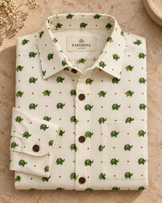 Green Elephant Hand Block Printed Men's Shirt Full Sleeves