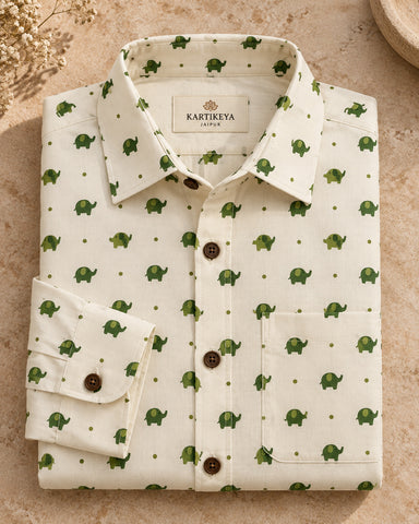 Green Elephant Hand Block Printed Men's Shirt Full Sleeves