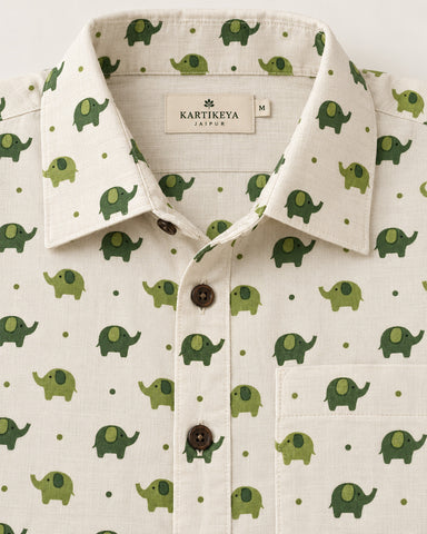 Green Elephant Hand Block Printed Men's Shirt Full Sleeves