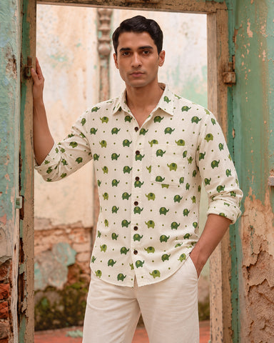 Green Elephant Hand Block Printed Men's Shirt Full Sleeves