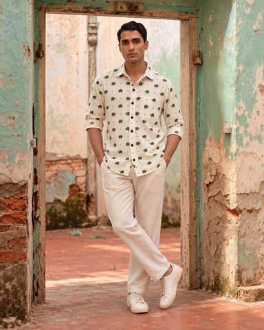 Green Elephant Hand Block Printed Men's Shirt Full Sleeves