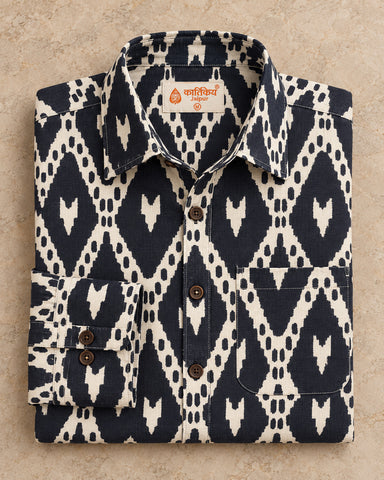 Black Ikat Geometric Print Men's Shirt