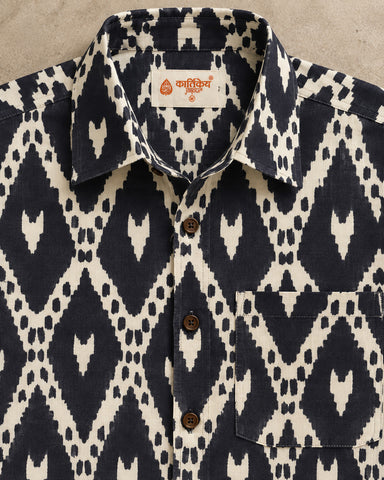 Black Ikat Geometric Print Men's Shirt