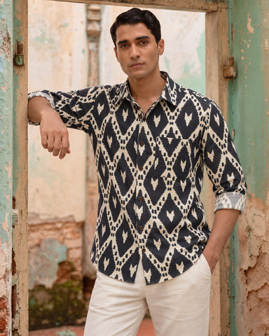 Black Ikat Geometric Print Men's Shirt