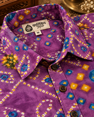 Cotton Half Sleeve Bandhej Print Purple Shirt for Men - Festive Edit