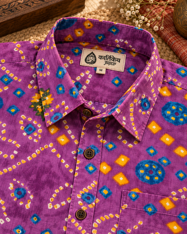 Cotton Half Sleeve Bandhej Print Purple Shirt for Men - Festive Edit
