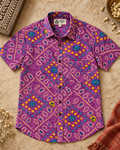 Cotton Half Sleeve Bandhej Print Purple Shirt for Men - Festive Edit
