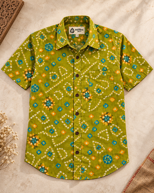 Cotton Half Sleeve Bandhej Print Shirt for Men - mehendi ceremony
