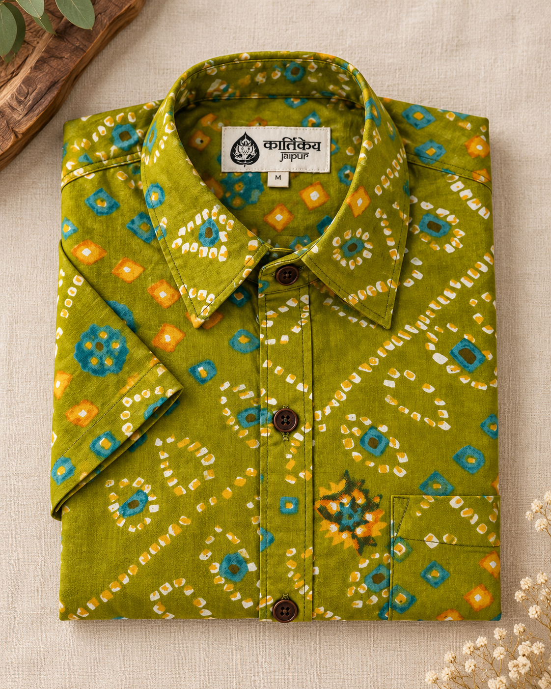 Cotton Half Sleeve Bandhej Print Shirt for Men - mehendi ceremony