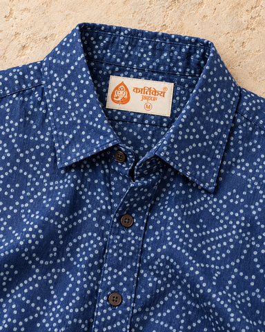 Classic Bandhani Print Indigo Full Sleeves Cotton Shirt for Women