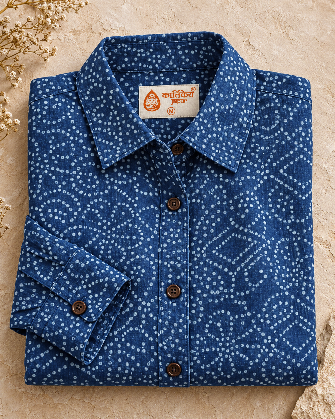Classic Bandhani Print Indigo Full Sleeves Cotton Shirt for Women