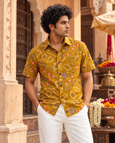 Cotton Half Sleeve Bandhej Print Shirt for Men - Festive Edit
