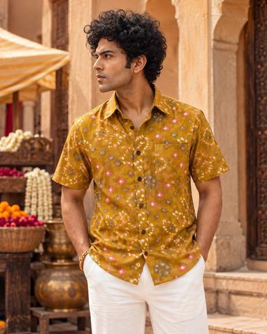 Cotton Half Sleeve Bandhej Print Shirt for Men - Festive Edit