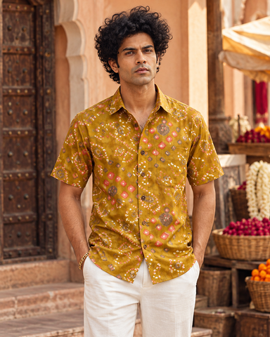 Cotton Half Sleeve Bandhej Print Shirt for Men - Festive Edit