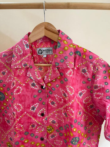 Oversized Bandhej Print Cuban Shirt For Womens - Peach