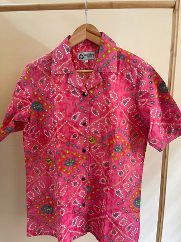Oversized Bandhej Print Cuban Shirt For Womens - Peach