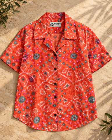 Oversized Bandhej Print Cuban Shirt For Womens
