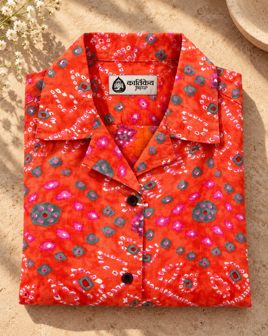 Oversized Bandhej Print Cuban Shirt For Womens
