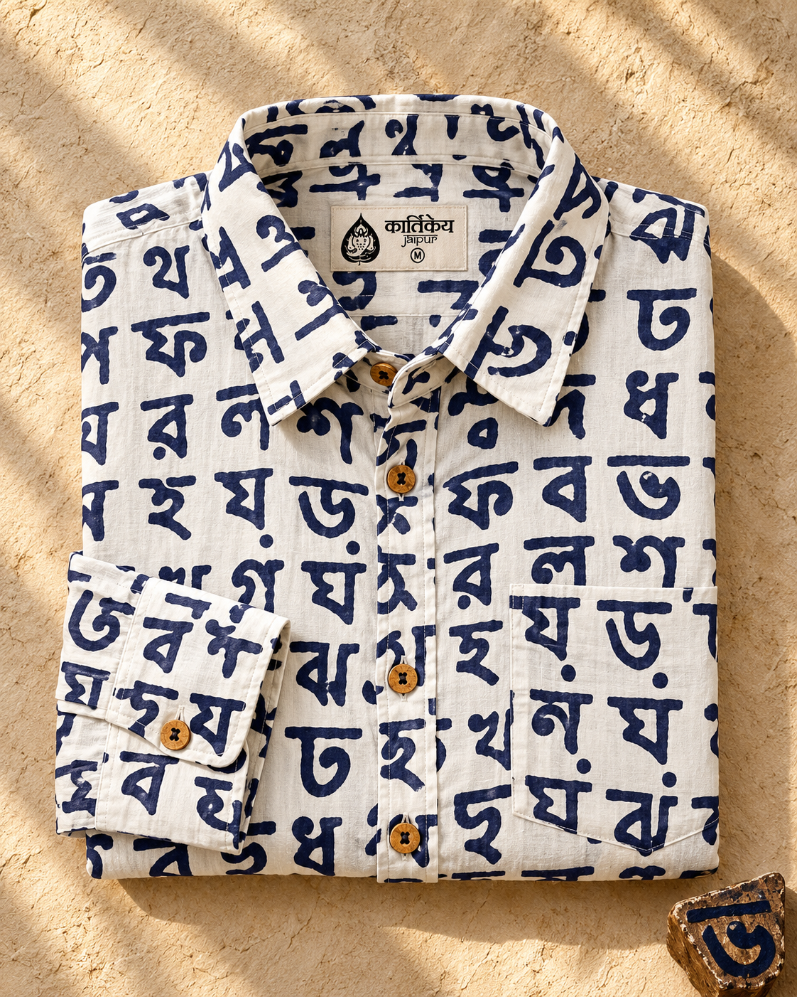 Classic Bangla Alphabets Print Cotton Men's Full Sleeve Shirt - BLUE
