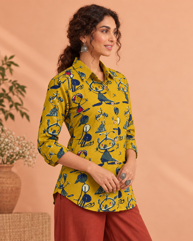 Yellow Button Down Abstract Cotton Shirt for Womens - Limited Edition