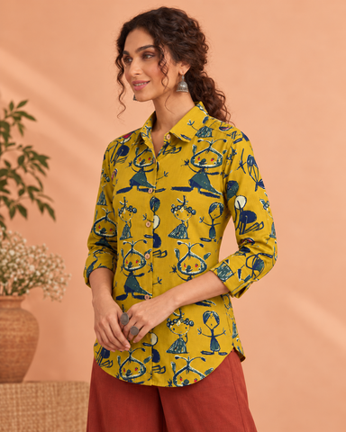 Yellow Button Down Abstract Cotton Shirt for Womens - Limited Edition