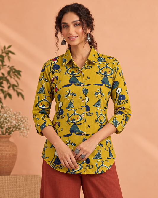 Yellow Button Down Abstract Cotton Shirt for Womens - Limited Edition