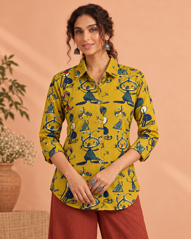 Yellow Button Down Abstract Cotton Shirt for Womens - Limited Edition