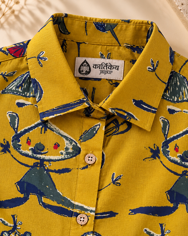 Yellow Button Down Abstract Cotton Shirt for Womens - Limited Edition