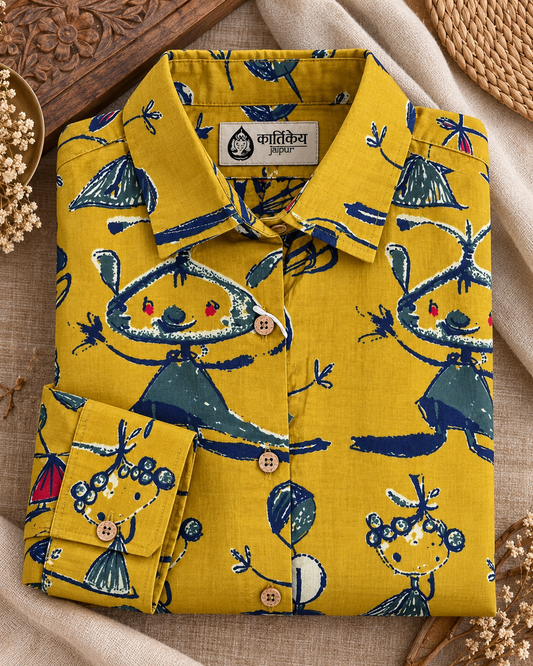 Yellow Button Down Abstract Cotton Shirt for Womens - Limited Edition
