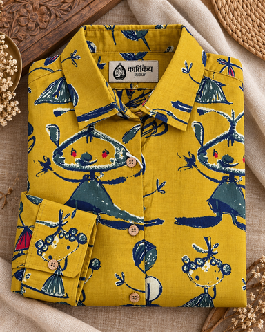 Yellow Button Down Abstract Cotton Shirt for Womens - Limited Edition