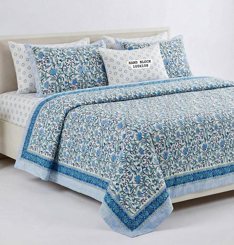 Hand Block King Size Cotton Bedsheet with 2 Zipped Reversable Pillow Covers