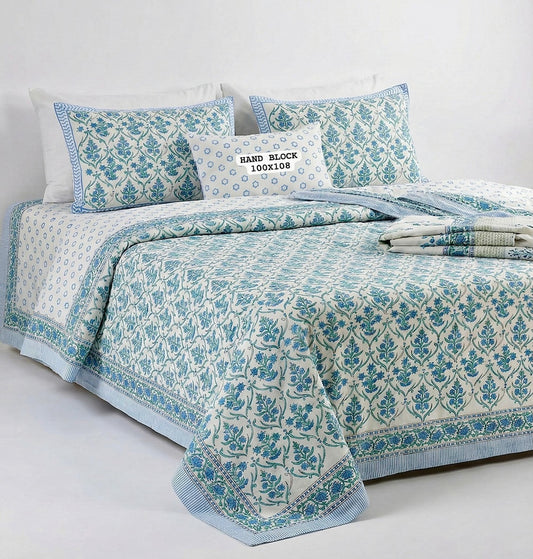 Hand Block King Size Cotton Bedsheet with 2 Zipped Reversable Pillow Covers