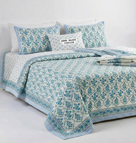 Hand Block King Size Cotton Bedsheet with 2 Zipped Reversable Pillow Covers