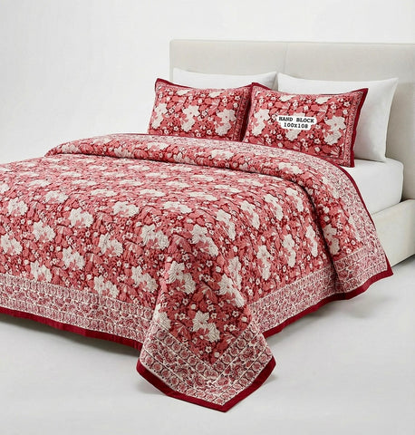 Hand Block King Size Cotton Bedsheet with 2 Zipped Reversable Pillow Covers