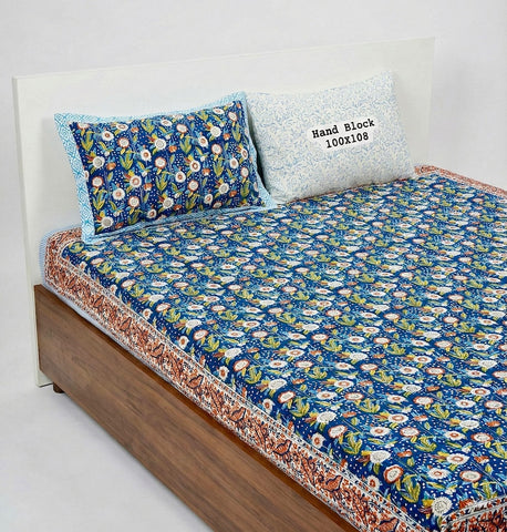 Hand Block King Size Cotton Bedsheet with 2 Zipped Reversable Pillow Covers