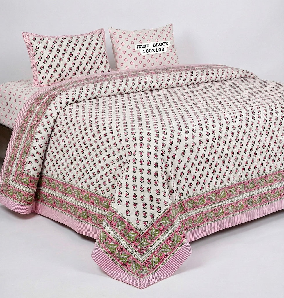 Hand Block King Size Cotton Bedsheet with 2 Zipped Reversable Pillow Covers