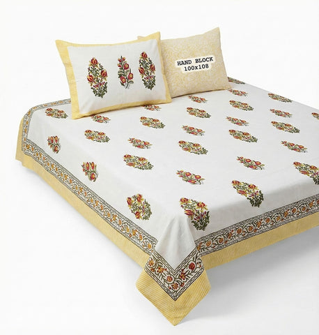 Hand Block King Size Cotton Bedsheet with 2 Zipped Reversable Pillow Covers