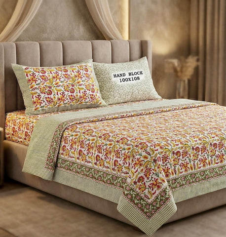 Hand Block King Size Cotton Bedsheet with 2 Zipped Reversable Pillow Covers