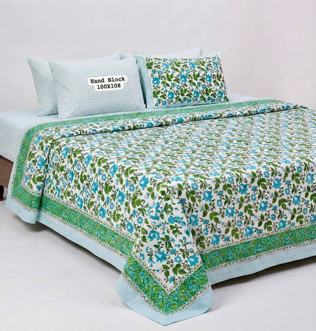 Hand Block King Size Cotton Bedsheet with 2 Zipped Reversable Pillow Covers