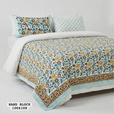 Hand Block King Size Cotton Bedsheet with 2 Zipped Reversable Pillow Covers