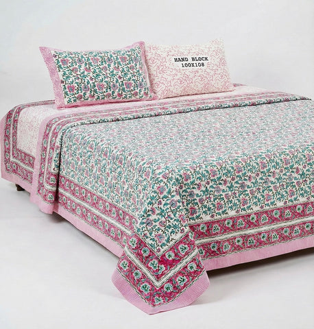 Hand Block King Size Cotton Bedsheet with 2 Zipped Reversable Pillow Covers