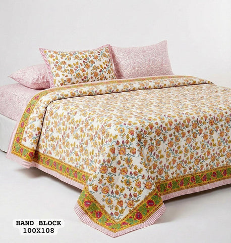 Hand Block King Size Cotton Bedsheet with 2 Zipped Reversable Pillow Covers