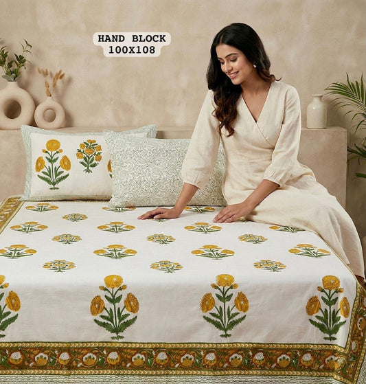 Hand Block King Size Cotton Bedsheet with 2 Zipped Reversable Pillow Covers