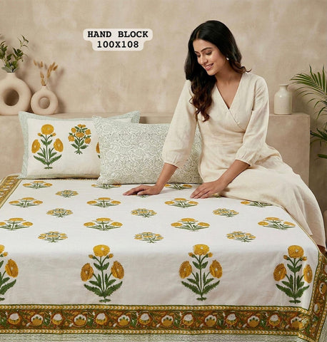 Hand Block King Size Cotton Bedsheet with 2 Zipped Reversable Pillow Covers