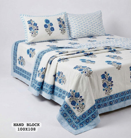 Hand Block King Size Cotton Bedsheet with 2 Zipped Reversable Pillow Covers
