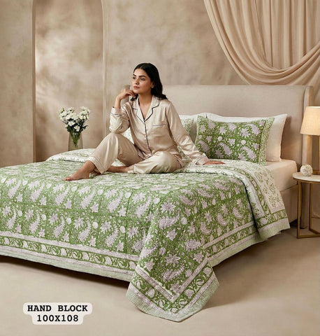 Hand Block King Size Cotton Bedsheet with 2 Zipped Reversable Pillow Covers